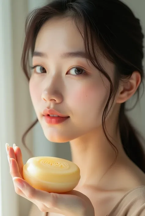  beautiful Korean girl show natural soap on his hand for advancements 
