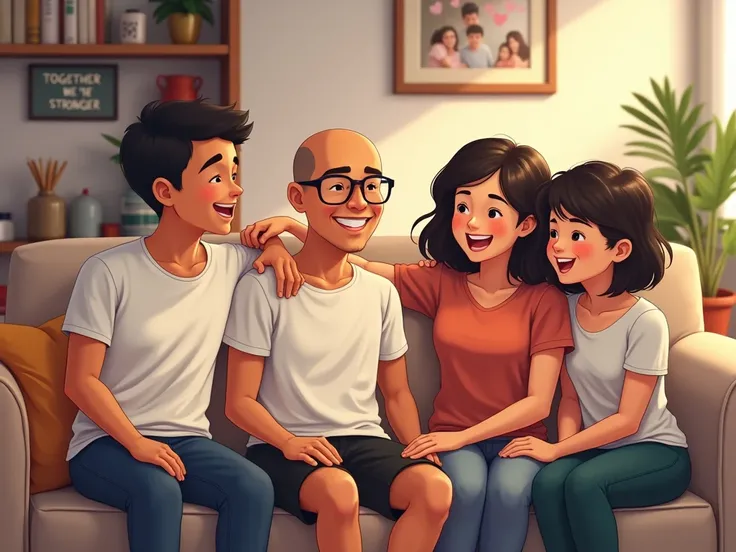 Anime, Indonesian young guy, tan skin, bald, eye glasses, wearing white t-shirt paired with black cargo short, A warm and uplifting scene depicting a group of friends and family members offering support to a character with cerebellar atrophy. They’re all s...