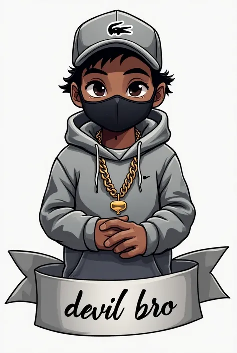 A stylized illustration of a gamer, wearing a gray Nike tracksuit, a black face mask, a Lacoste cap, and a gold chain, his hands clasped in front of him.  The character is positioned above a silver ribbon banner that reads "devil bro" in elegant cursive sc...