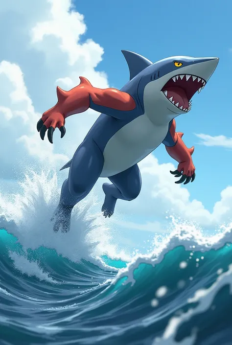 Un mélange entre le Pokémon Sharpedo et Brasegali qui saute au dessus de l’eau comme un requin avec des vagues derrière