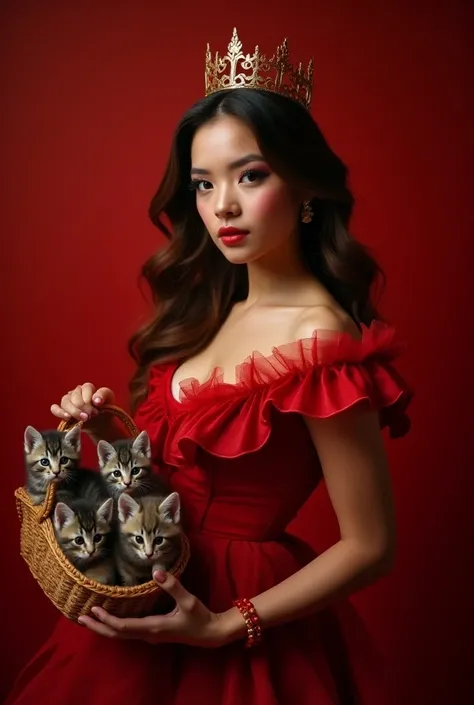 portrait of a young woman wearing a red dress costume with long hair wearing a crown. she is carrying a basket containing adorable Angora kittens. The background is deep red and there is Nda Oshels name written on the wall. The composition is dynamic, flow...