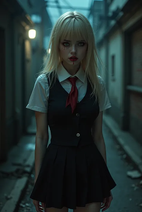 Sexy blonde Vampire in a schoolgirl uniform with blood on mouth turning to look at viewer in a dark alley at night