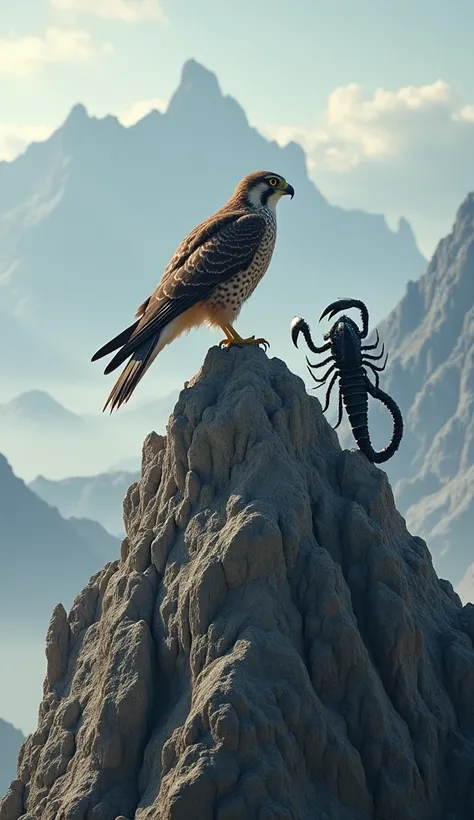 A peregrine falcon and a scorpion, perched on the highest point of a jagged mountain, the falcons sharp eyes scanning the horizon, while the scorpions tail remains coiled and ready to defend the rocky outcrop.