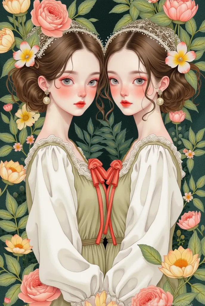 a beautiful watercolor painting of two girls surrounded by flowers, wearing victorian dresses, ethereal fantasy, vintage whimsic...