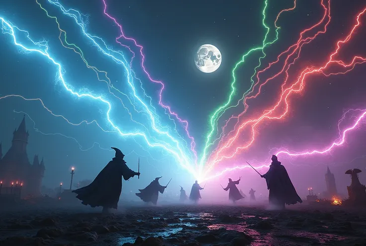 A battlefield scene between many wizards and witches. They are dressed in cloaks. All of them throwing lighting rays in different vibrant colors against their enemies. Some are running. Some are jumping. Some are flying. The background is dark because it i...