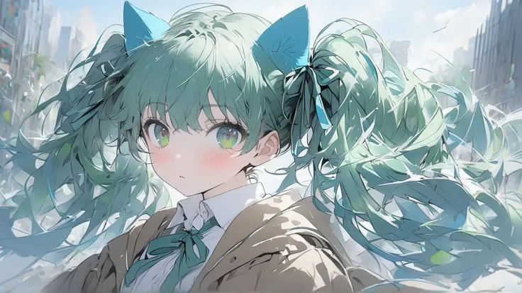 One person、solo、 girl、 green hair、Green Eyes、blue cat ears、 blue headphones 、green school ribbon、 white shirt、 brown coat、 high school students、 twin tails、Thumbnail