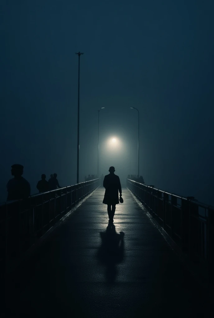 Photo of a bridge with two sides, One side is dark , There are many people standing over there.. And there was only one person holding a flashlight walking towards the bridge.. There is no one on the bridge.. Let two or three more people in.slow motion wal...