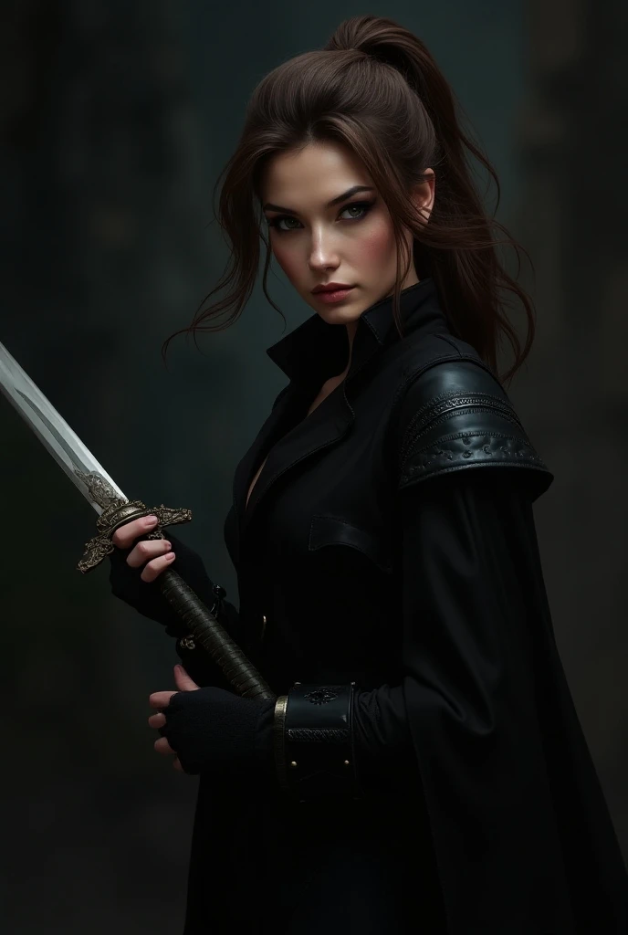 A close -up of  Woman with brown hair with a ponytail Standing on  ،wearing black clothes and holding a sword , assassin, steel detective, beautiful assassin, dark, warrior thief, tiefling rogue, female rogue, female, assassin, beautiful rogue lady, portra...