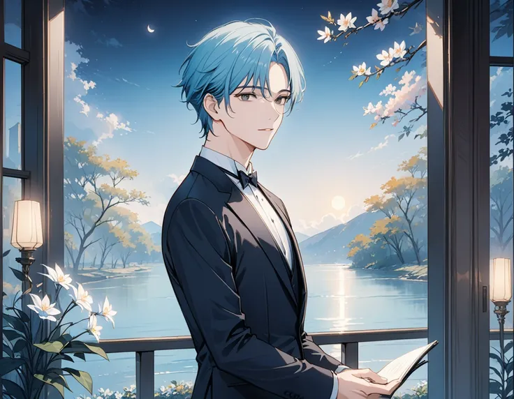 masterpiece, best quality, 4k, 1 man, black eyes, soft pale blue hair, handsome, ephemeral, sensitive, formal, polite, moonlight 