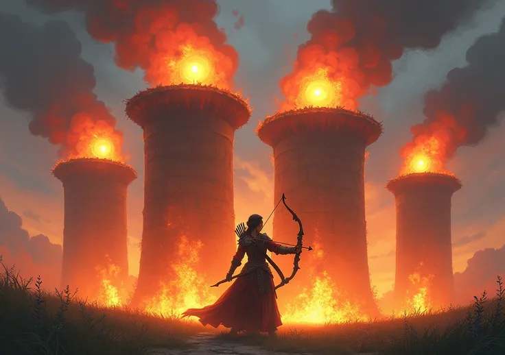 It shows an archer queen with 4 infernal towers shooting molten material at her. Infernal towers have an energy source above them in the form of a circle and shoot from it. The queens bow should have three branches and the ground should have grass.