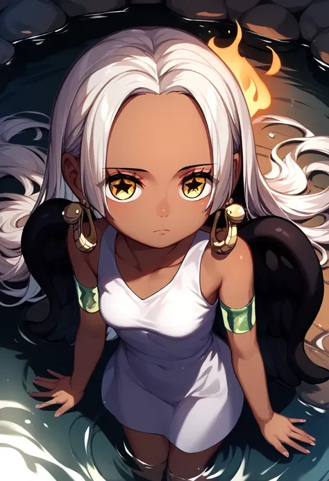 UHD, retina, textured skin, high details, high quality, best quality,  highres icon, 1080P, HD, 16k、1 Girl,Earthsnake , Long Hair, white hair, Brown Skin、,  earrings for a woman alone, Yellow Eyes, symbol-shaped pupils,  black wings  ,  small breasts.  sun...