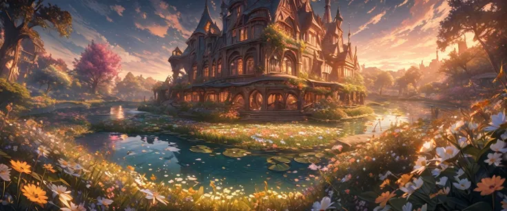 masterpiece, best quality, extremely detailed CG unity 8k wallpaper, a magical pond in the evening, finely detailed, cinematic lighting, highres, flowers bloom，（（（Spring morning））） .super wide angle（（（masterpiece）））, （（best quality））,（（Intricate details））,...