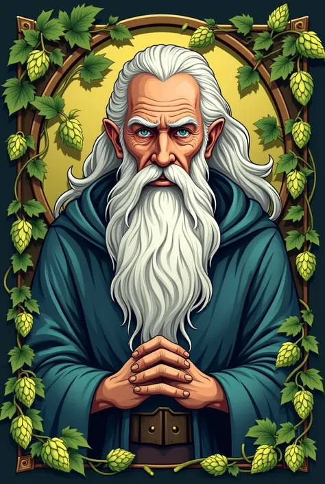 Master of Hops a Logo for a beer label with a wizard long white beard 