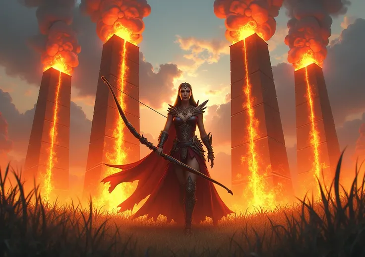 It shows an archer queen with 4 infernal towers shooting molten material at her. Infernal towers have an energy source above them in the form of a circle and shoot from it. The queens bow should have three branches and the ground should have grass.