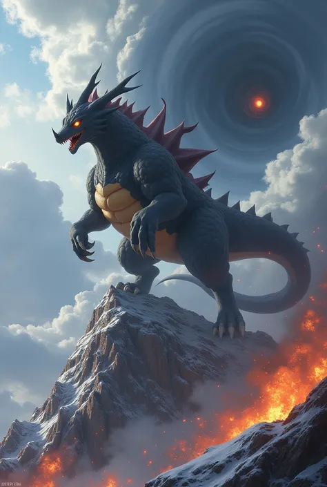 A mixture between the Pokémon Absol and Groudon in a mountain with a mixture of fire and a black hole behind