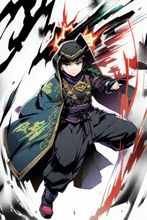 ninja that could appear in the cyberpunk ninja action novel "Ninja Slayer", ((((white background illustration)))), (((full-body illustration))), Wearing robes that strongly suggest a culture of magic and sorcery, Cover your mouth with a veil.