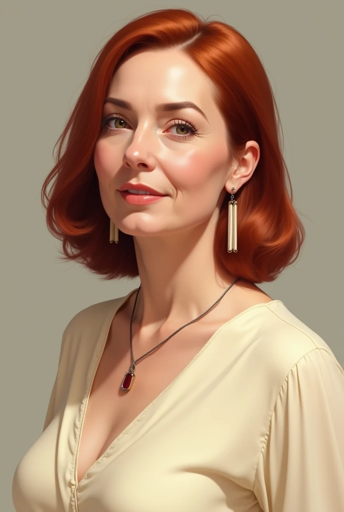 Draw a portrait of a middle-aged woman. Her face is plump, without wrinkles, her nose is straight, but not long, her hair is red, her haircut is square, her head is slightly turned up and tilted to the shoulder, she is dressed in a closed cream-colored dre...