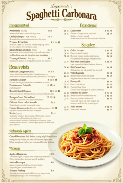 Spaghetti carbonara menu with ingredients recipe and nutritional information 