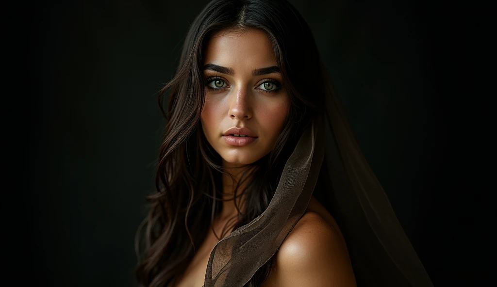 Photo dune belle et stupéfiante jeune fille arabe, Elle porte un t-shirt rouge et des leggings dorés avec des inscriptions arabes..., odalisque sexy, des yeux expressifs dune couleur verte vive,   de beaux yeux avec un regard sexy et sensuel avec un maquil...