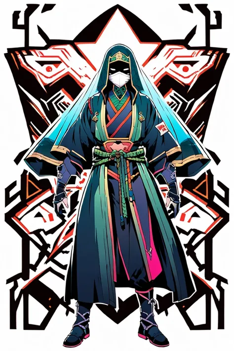 ninja that could appear in the cyberpunk ninja action novel "Ninja Slayer", ((((white background illustration)))), (((full-body illustration))), Wearing robes that strongly suggest a culture of magic and sorcery, Cover your mouth with a veil.