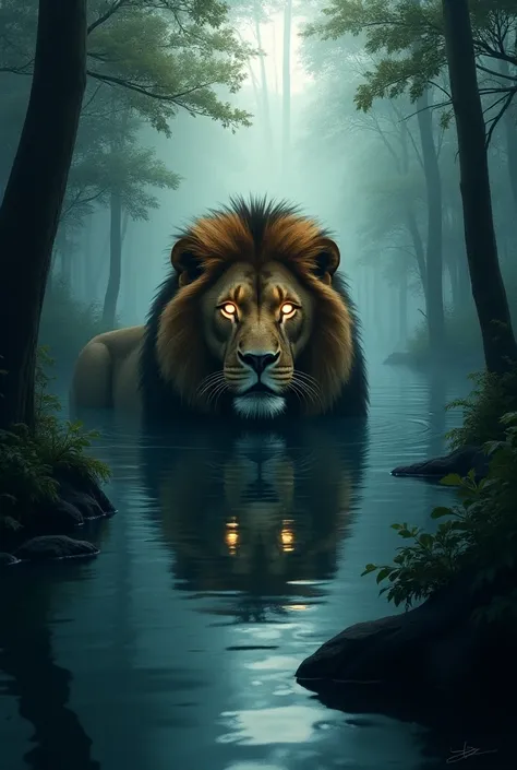 Lion Prompt (Same Forest Background):
"Illustrate a massive lion partially submerged in a river within the same dense, misty forest. Its muscular body blends with the water, while its intense, glowing amber eyes peer from beneath the surface. The thick tre...