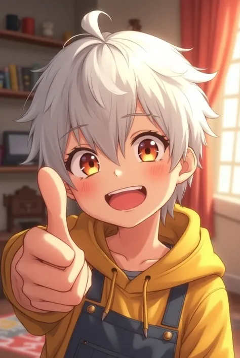 A boy with white hair smiling and selfie hand in anime in the house 