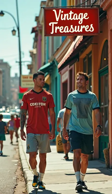 Scene 1: Outside the Thrift Store

The scene opens with a bustling city street, and the camera zooms in on a quaint, colorful thrift store. The sign reads "Vintage Treasures."
Ronaldo and Messi walk up together, looking around with curiosity. Both wear cas...