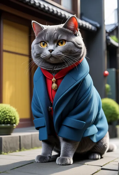 Cat breed： British Shorthair
Coat color and pattern ： Dark Blue Grey
Costume ： red on the left, yellow and green coat on the right
physical characteristics： big ears and 、 Slightly sharp eyesight
Accessories ： earrings-style blue small earrings
Props ：A sw...