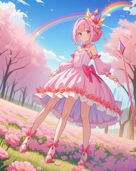 scepter, lots of Sweet, gummies, Sweetcanes,  A Rainbow , Sweet, (a field of Sweet), 1 girl,  Sugar Queen , pink dress, a Sceptor of Sweet, ( Full body character blade ,)