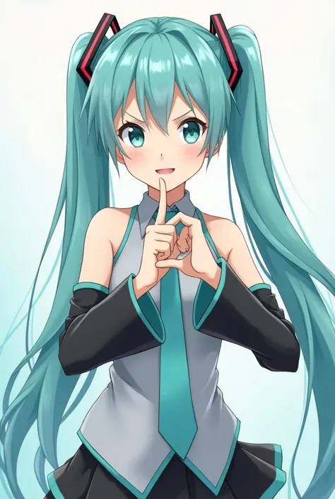  Hatsune Miku, 2D, girl focus, boyish, Above the knee, Hand sign for sexual intercourse ,  Make a circle with the thumb and index finger of your left hand and put the index finger of your right hand into that ring