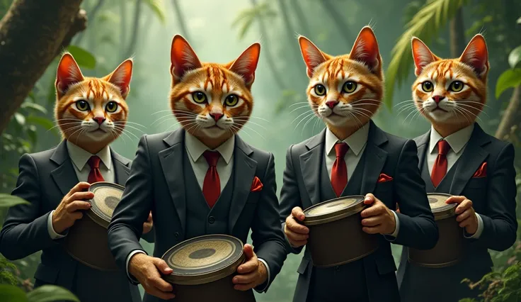 Jungle cats are hitting cymbals。１Cats、The color of the cymbal is dark and 、Wearing a suit。