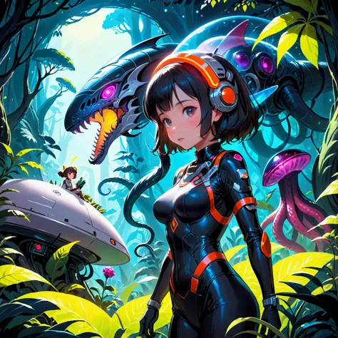 a cute woman (sexy space explorer, lit neon trim, bubble helmet, science tools) is examining plants and animals on an alien forest world, her 50s rocket ship nearby, a tentacle rape beast in shadows
