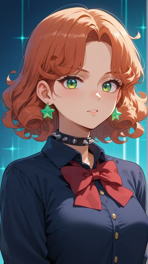 An anime girl with shoulder-length curly turquoise hair, tied back with a small red bow on one side. She wears a stylish, fitted black sweater with metallic buttons over a white collared shirt, paired with a spiked choker and dangling star earrings. Her br...