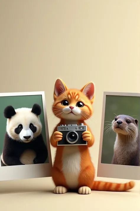 Cat holding camera side-by-side photograph of a panda and an otter 