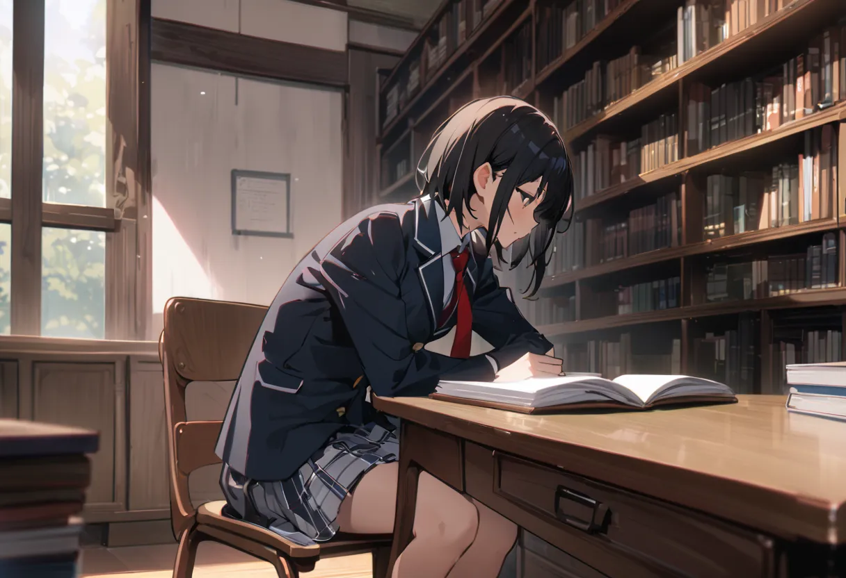 （masterpiece, best quality:1.2)、male、black hair、 short hair、黒いschool uniform, 黒のblazer,  red tie 、large desk、under the desk、 sit...