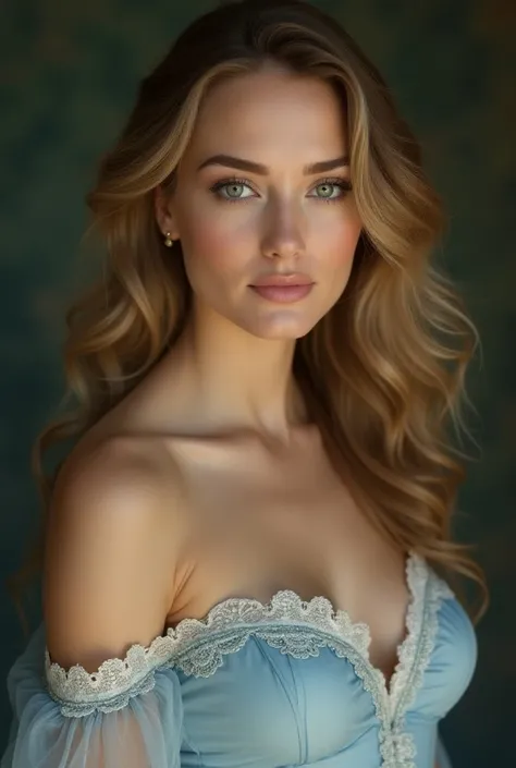 A full thirty-four-year-old woman is very beautiful and very attractive with white skin, wide and big green eyes, long golden hair and a curvy body wearing a light blue dress from the Victorian era 