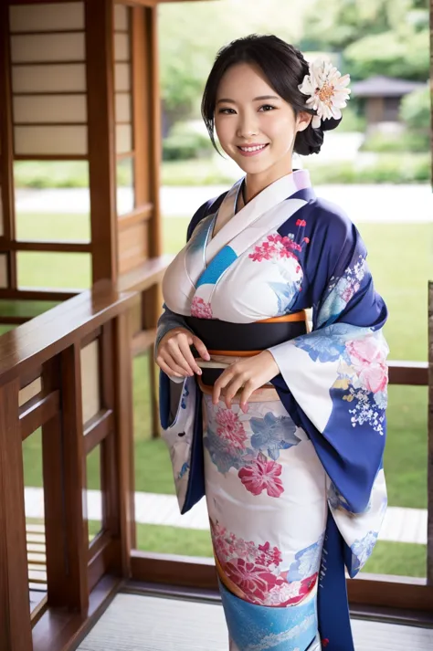 kimono, big breasts, whole body, smile,