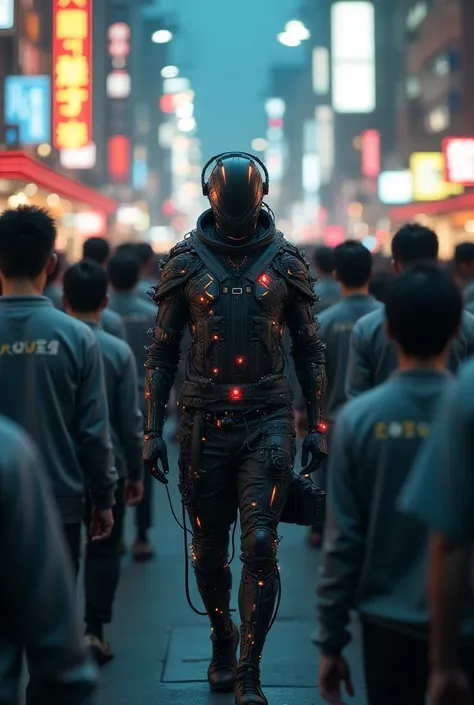  A man in full colors ,  filled with wires and lights ,  and electronic equipment , wearing a mask ,  walks through a crowd of twin-shirted orgs all in the streets of Tokyo