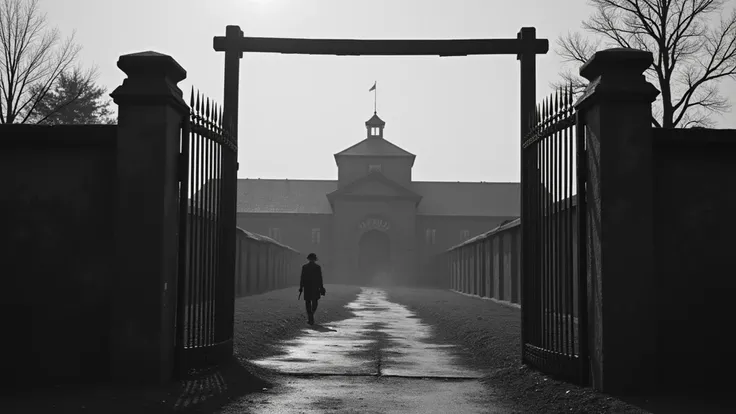 black and white Silent-era style photo of  the entrance of a prison camp during World War II, Shot at eye level with a vintage camera lens, in the style of a poignant historical moment captured by Robert Capa