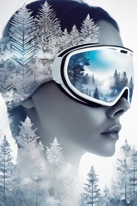 double exposure, solid white back ground, mysterious silhouette forest woman,wearing enduro goggles , amazing depth, masterwork,...