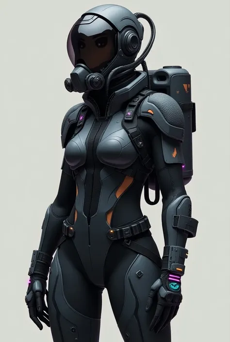 a aqua lady navy caption, scuba coustume, with gun, wear a helmet, full body pose, orange and black suit, Navy character in a futuristic military RPG game, wearing a sleek, form-fitting orange and black tactical suit, inspired by deep-sea diving and naval ...