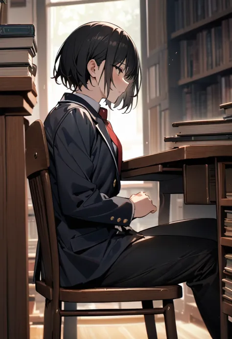 （masterpiece, best quality:1.2)、male、black hair、 short hair、黒いschool uniform, 黒のblazer,  red tie 、 black pants 、large desk、under...