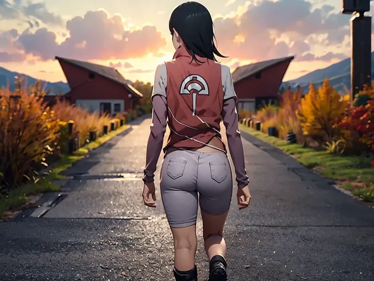 sarada uchiha,  full body ,  best quality , masterpiece, innocent, back view, white shorts, get away,