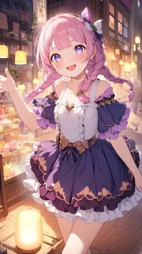 1 girl, ( cute face), Bright Eyes,  medium hair, Braided Hair,  Fantasy World Outfits, Frill dress,  small breasts,  Waving to Customers ,  Pottery Skin , break,  Bustling Entertainment District ,  Soft Lamp Light , ( Fantastic Atmosphere :1.4),  Smiles , ...