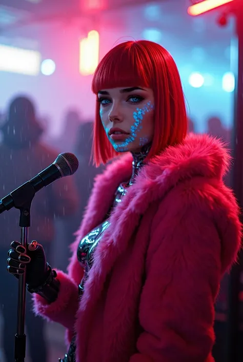 Medium shot, ultra-realistic, photorealistic, dramatic scene, shadow, global-illumination, solo, Girl、fog、 rain, wet, cyberpunk, metal body, body of steel, neon pink fur、monochrome、pink fur jacket、hyperrealistic, neon, made up, cybernetic cyborg body, ultr...