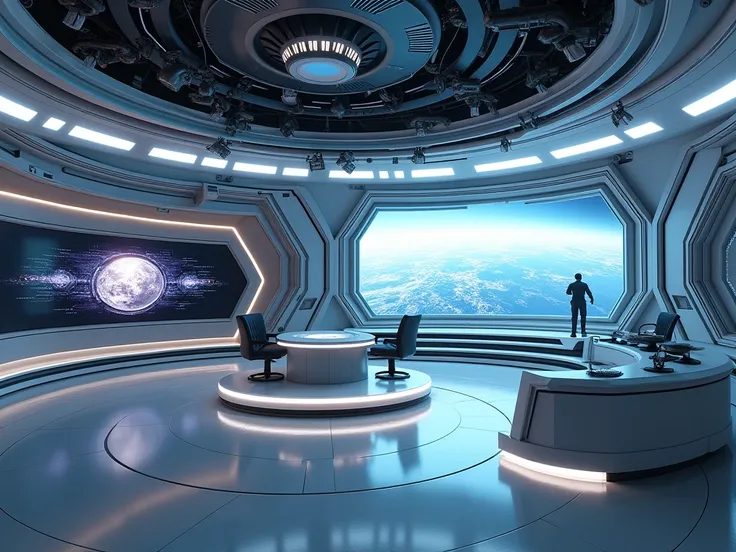 An empty news studio ,  located on a space station,  hyperrealistic,  cyberpunk style