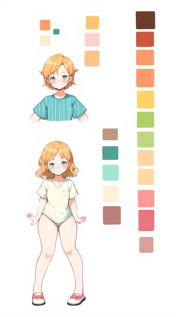 reference sheet,white background,simple background,multiple views, upper body, front, from side, color palette reference,1girl