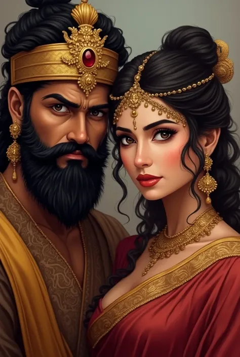 Create a realistic -style  of the legendary Maratha king Shivaji Maharaj and his beautiful wife. The focus is on their faces, capturing the regal and fierce expression of Shivaji Maharaj, with his iconic beard, moustache, and royal attire. His wife should ...