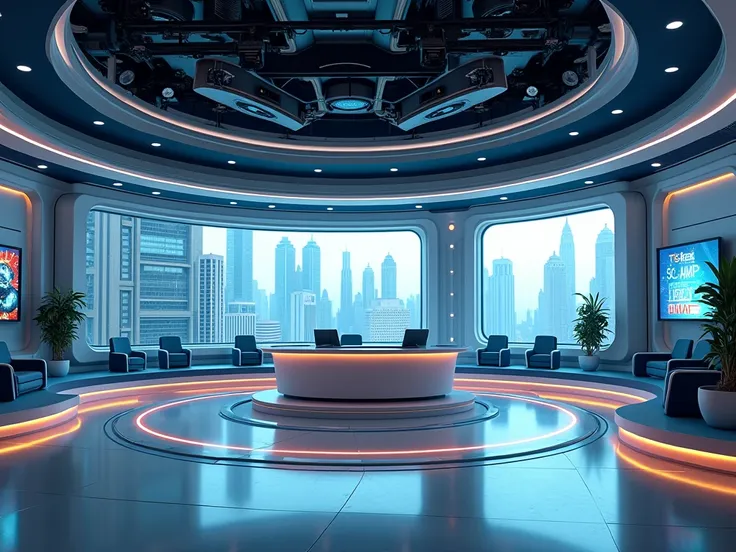 An empty news studio ,  located on a space station. Its the cover for a video game news program on YouTube..   hyperrealistic,  cyberpunk style