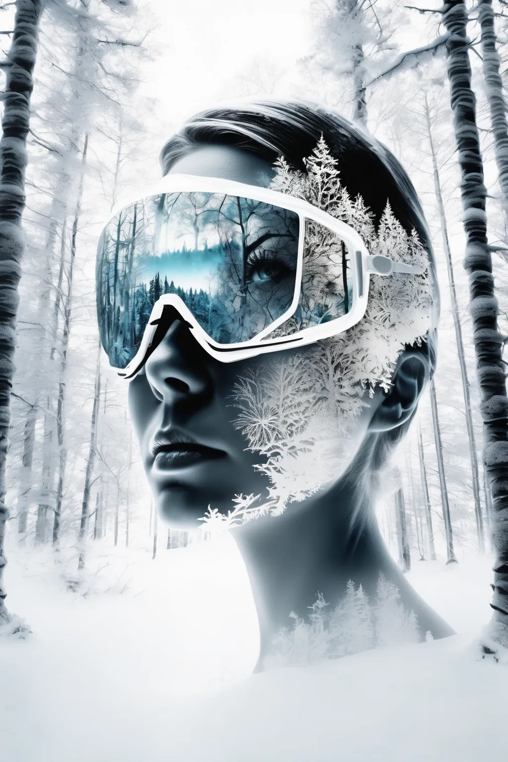 double exposure, solid white back ground, mysterious silhouette forest woman,wearing enduro goggles , amazing depth, masterwork,...